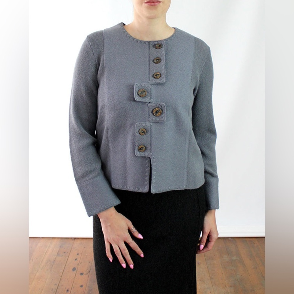 Beyond Threads Tabs Alpaca Wool Cardigan Size Large Wooden Buttons Grey Brown